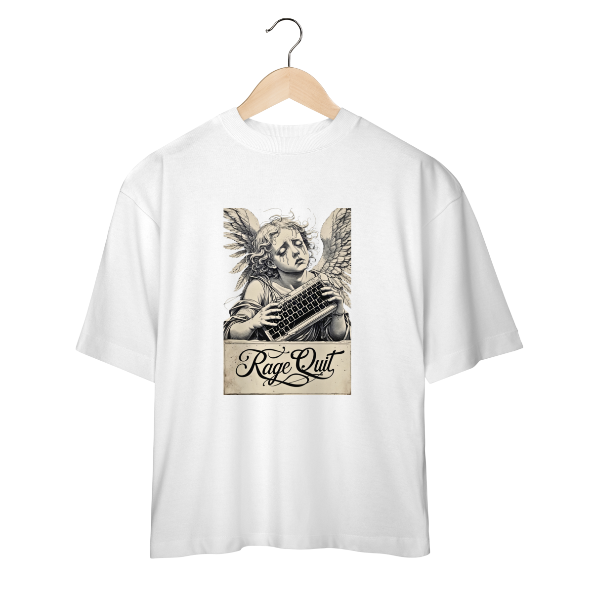 Nome do produto: Camiseta Oversized “Rage Quit Angel” – Santo da Paciência Gamer