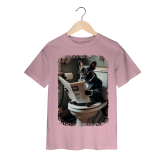 Camiseta Infantil Bulldog Francês no Trono Lendo Jornal