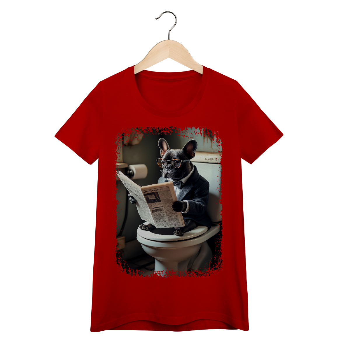 Baby Look Bulldog Francês no Trono Lendo Jornal