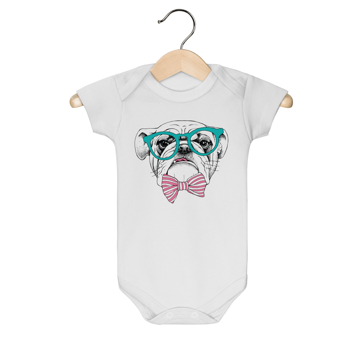 Nome do produto: Body Bebê Bulldog Inglês de Óculos e Gravatinha