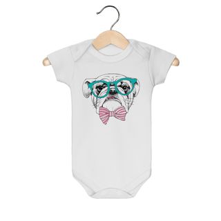 Body Bebê Bulldog Inglês de Óculos e Gravatinha