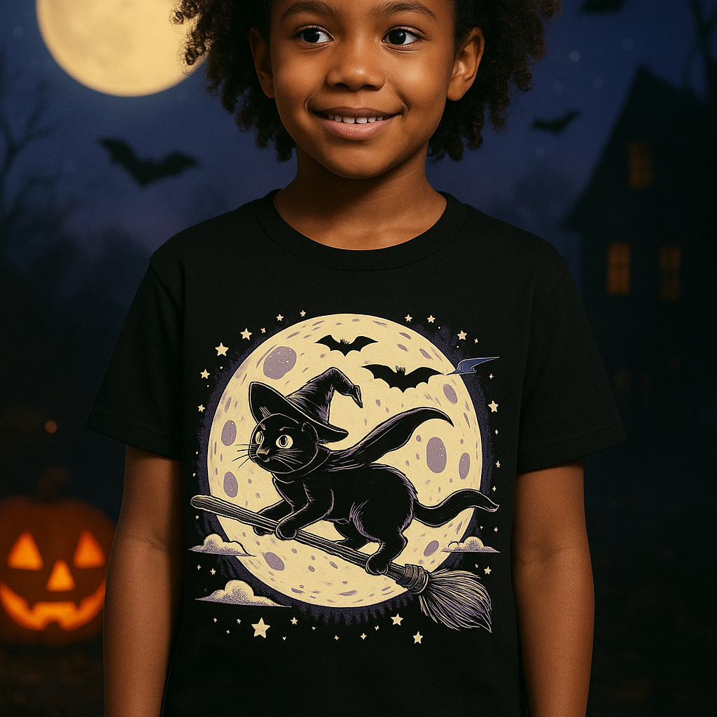 Camiseta Infantil Gatinho Bruxinho Voador – Magia e Diversão!