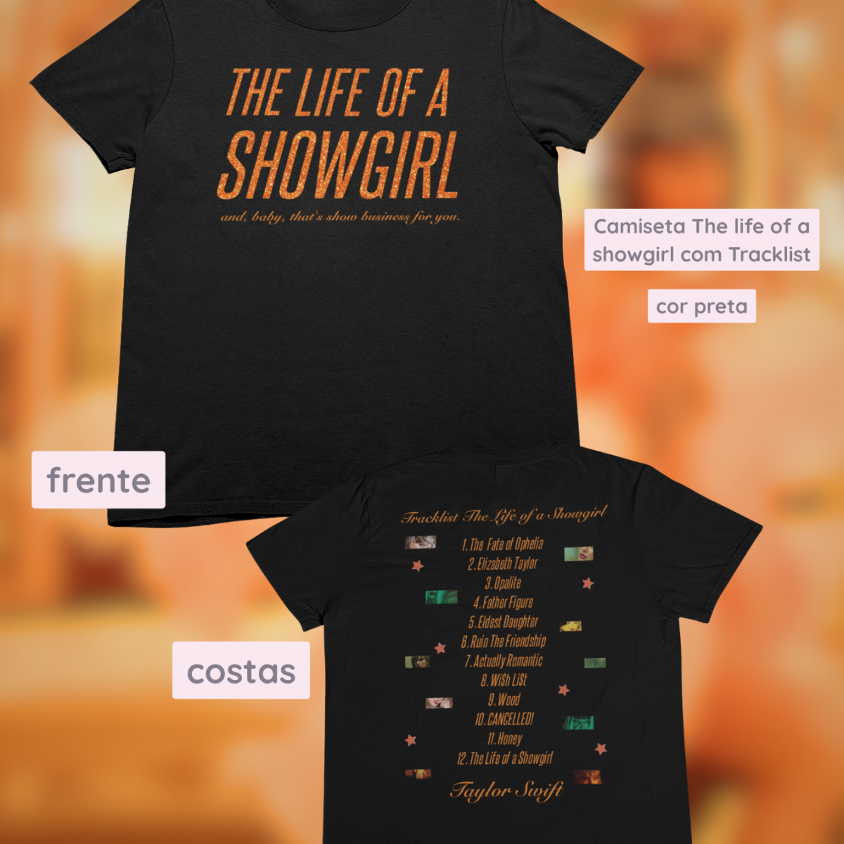 Camiseta - Showgirl frente e verso Preta - Taylor Swift