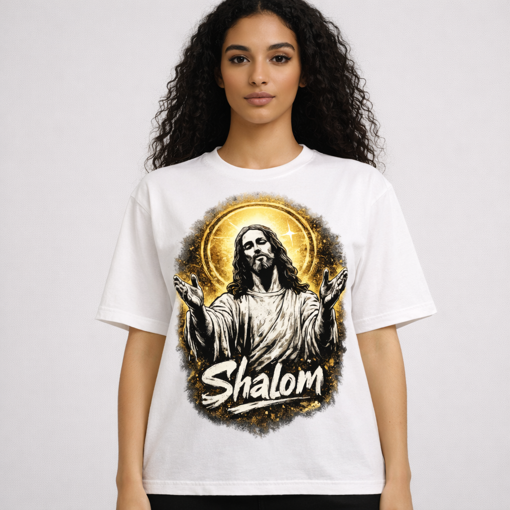 Nome do produto: Camiseta Streetwear Shalom – Arte Espiritual Urbana | OxVibe