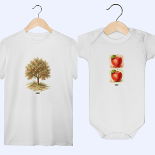 Kit Mãe e Bebê Macieira + Maçãs – Camiseta Unissex + Body Infantil 100% Algodão | Coleção Dia das Mães Caioba Fun Store