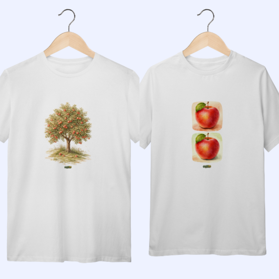 Kit Mãe e Filho(a) Macieira + Maçãs – Camiseta Unissex + Camiseta Juvenil (10 a 14 anos) 100% Algodão | Coleção Dia das Mães Caioba Fun Store