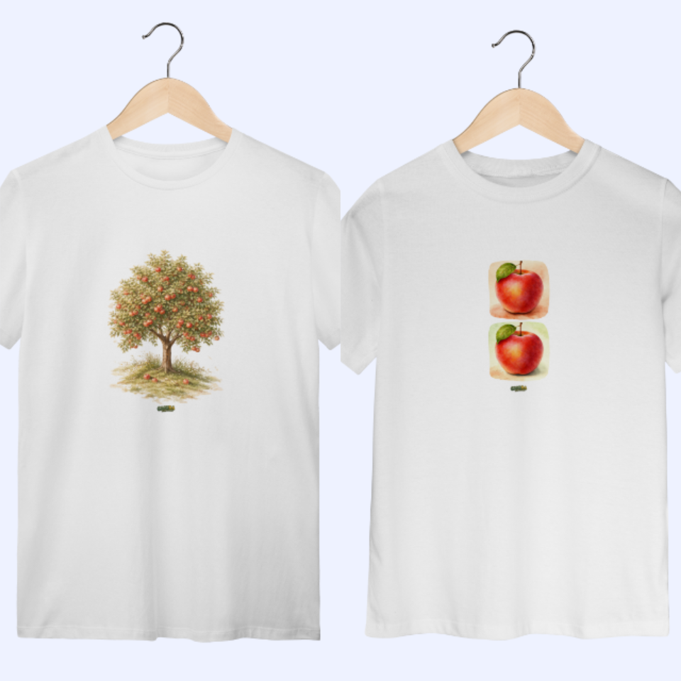 Kit Mãe e Filho(a) Macieira + Maçãs – Camiseta Unissex + Camiseta Infantil (2 a 8 anos) 100% Algodão | Coleção Dia das Mães Caioba Fun Store