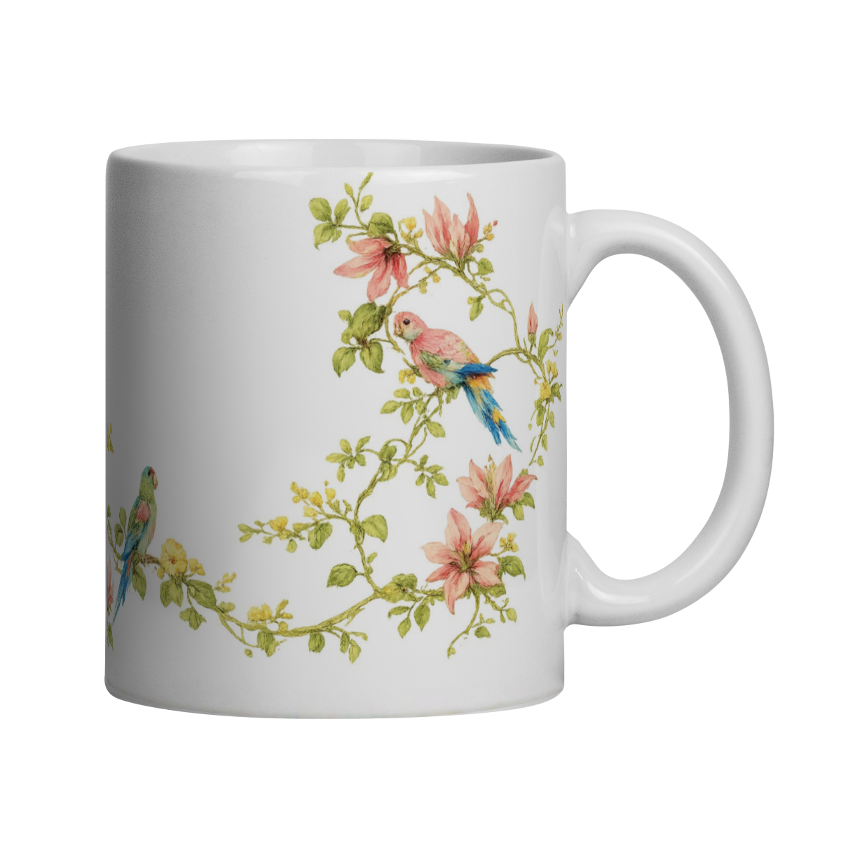 Caneca floral com pássaros