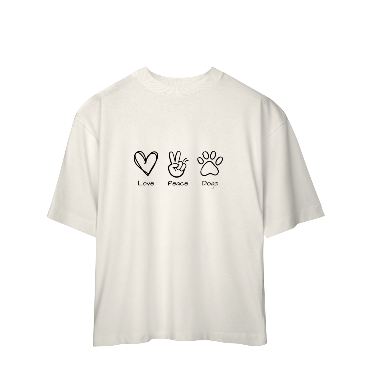 Camiseta Oversized - Love, Peace, Dogs