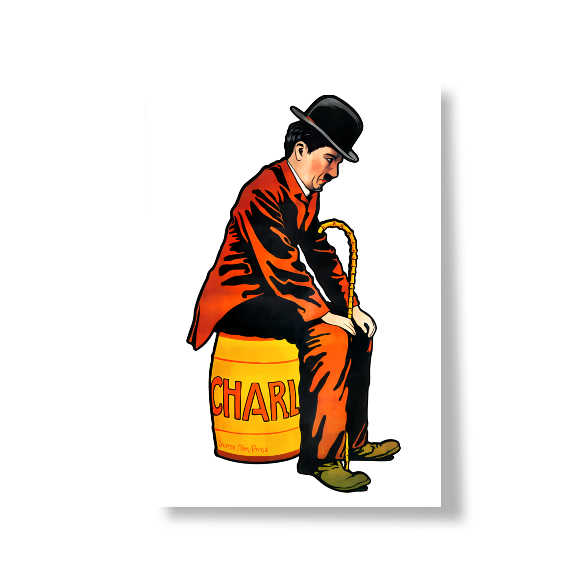 Charlie Chaplin - Pôster Vintage – Ilustração Retrô do Personagem no Barril “CHAR”