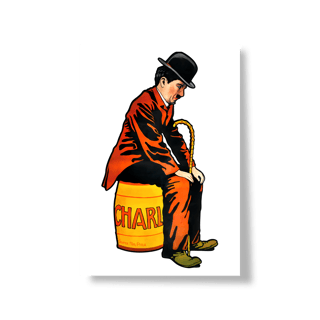 Charlie Chaplin - Pôster Vintage – Ilustração Retrô do Personagem no Barril “CHAR”