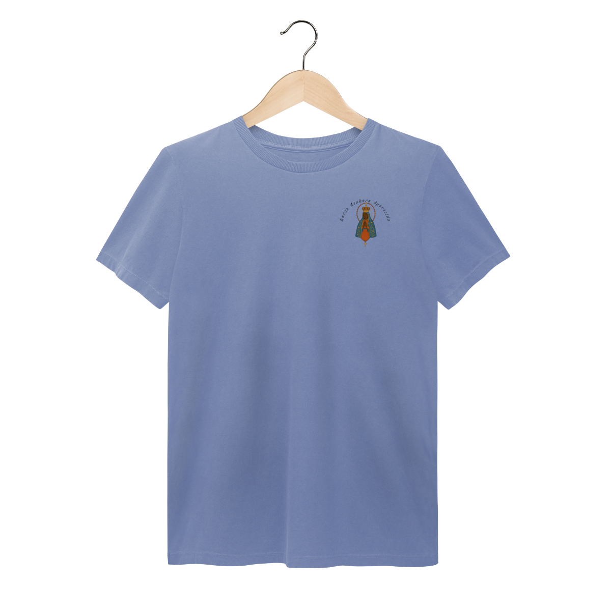 T-Shirt Estonada – Nossa Senhora Aparecida (Emblema na Frente + Estampa Grande nas Costas)