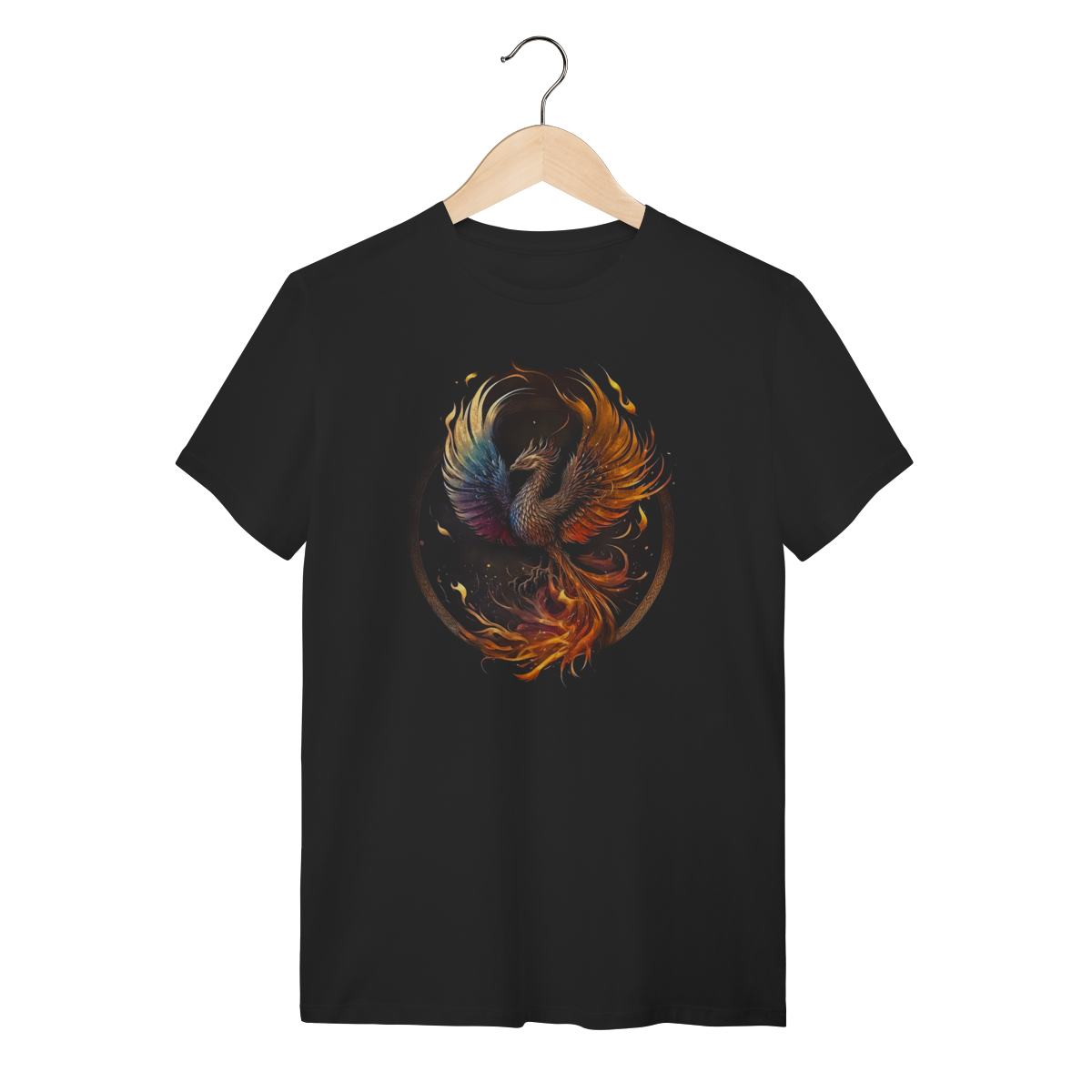 Camiseta Fênix de Fogo Estampa Circular Mística Algodão Preta