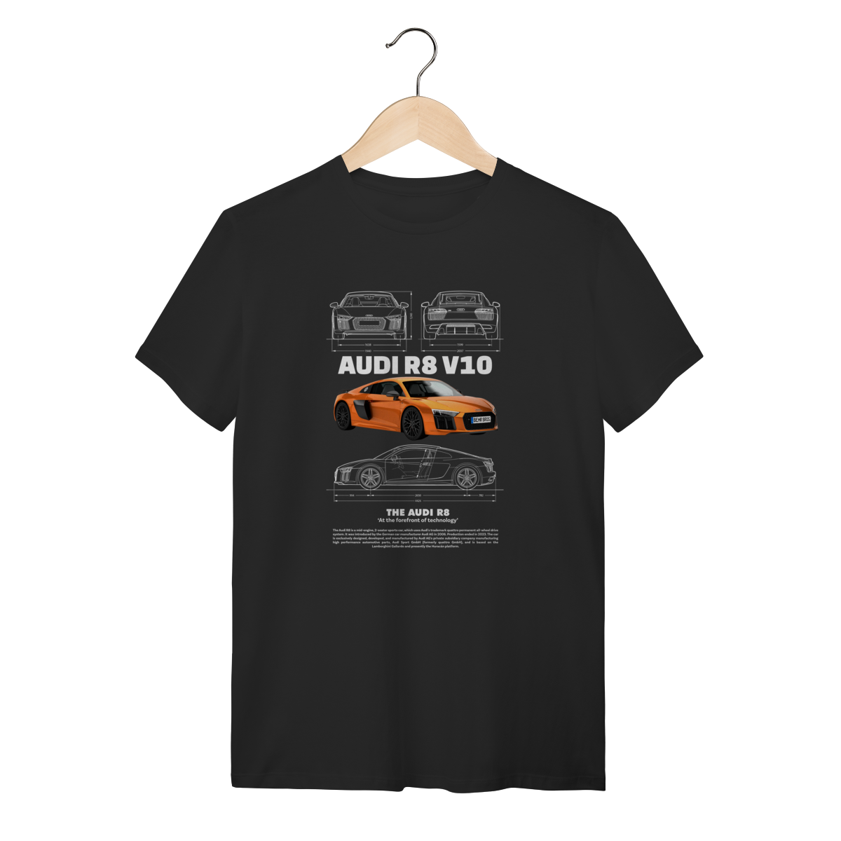 Camiseta Audi R8 V10 Laranja - Estampa Blueprint Supercarro