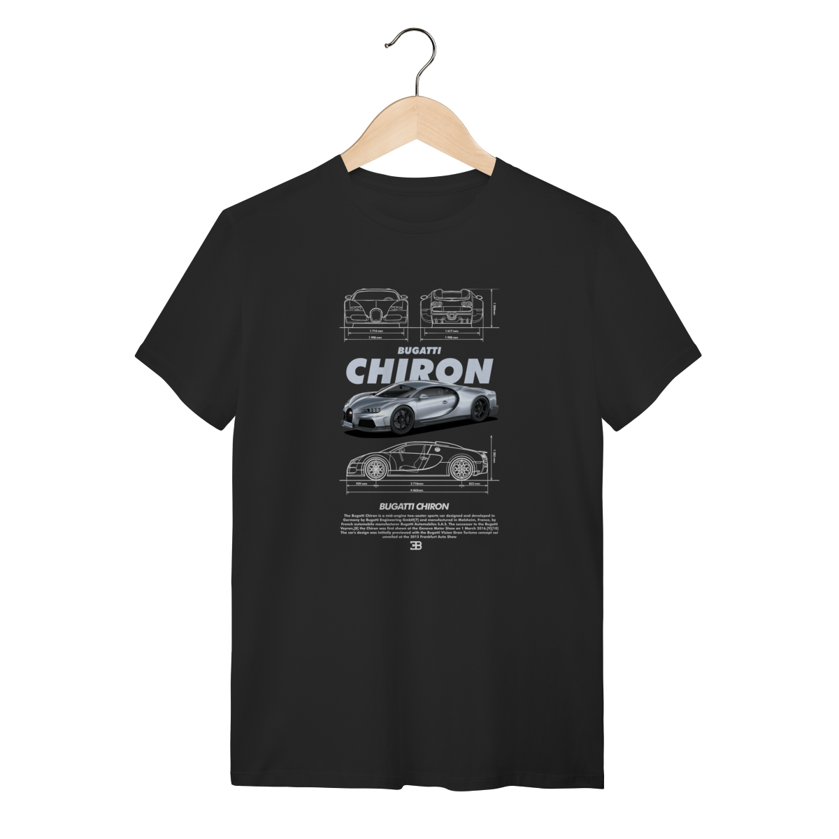 Camiseta Bugatti Chiron Prata - Estampa Blueprint Hipercarro