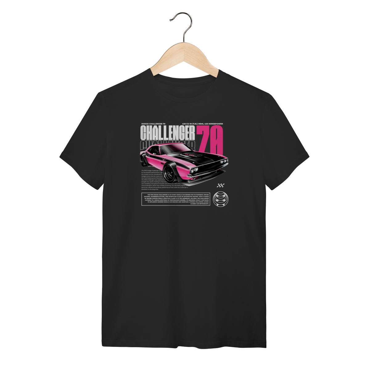 Camiseta Dodge Challenger 1970 Rosa - Estilo Retrô Muscle