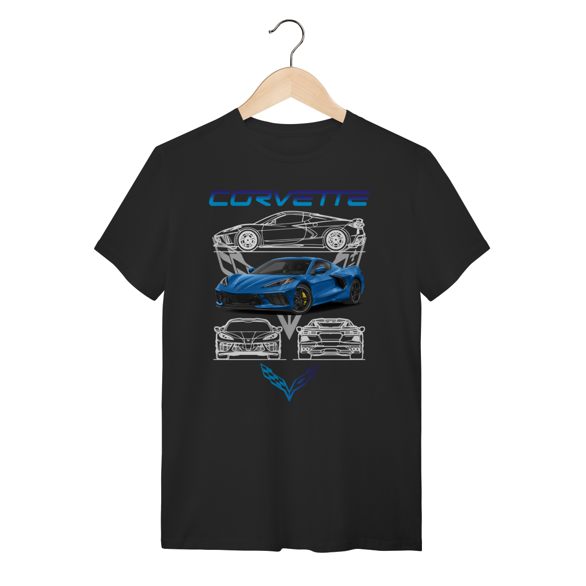 Camiseta Chevrolet Corvette C8 Azul - Estampa Mid-Engine Blueprint