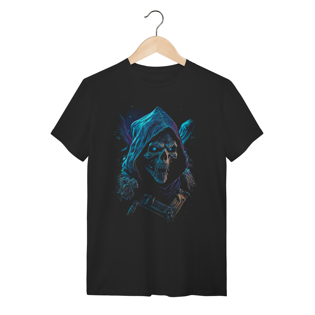 Camiseta Caveira Mística de Capuz - Dark Fantasy e RPG - Azul Neon