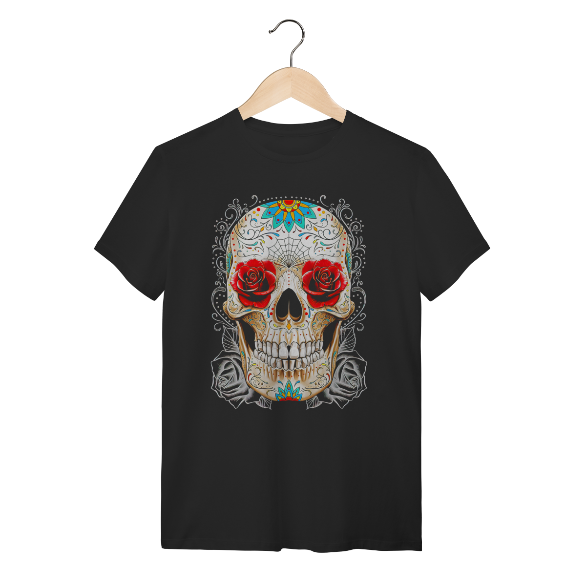 Camiseta Skull Roses & Web - Arte Mexicana Detalhada - Algodão