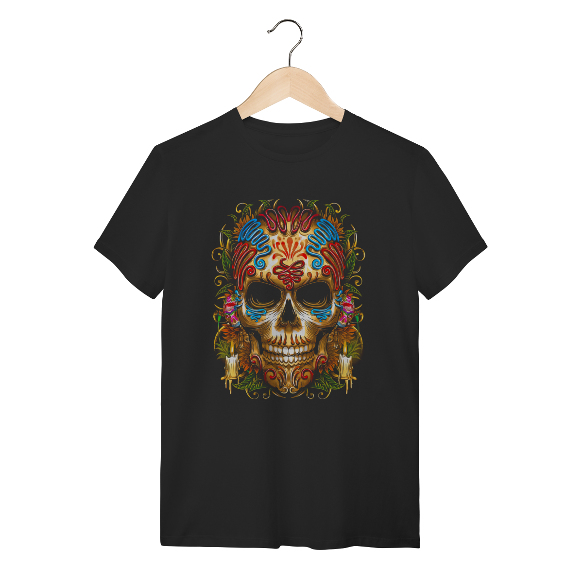 Camiseta Caveira Mística com Velas - Arte Esotérica e Espiritual