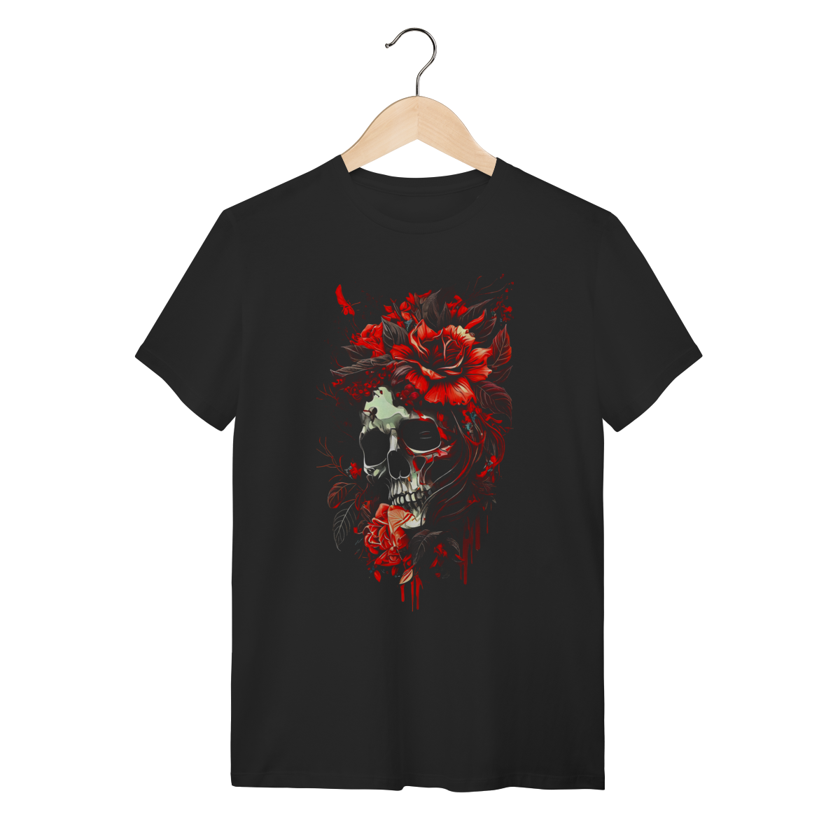 Camiseta Caveira com Rosas Vermelhas - Estilo Dark Romance e Floral