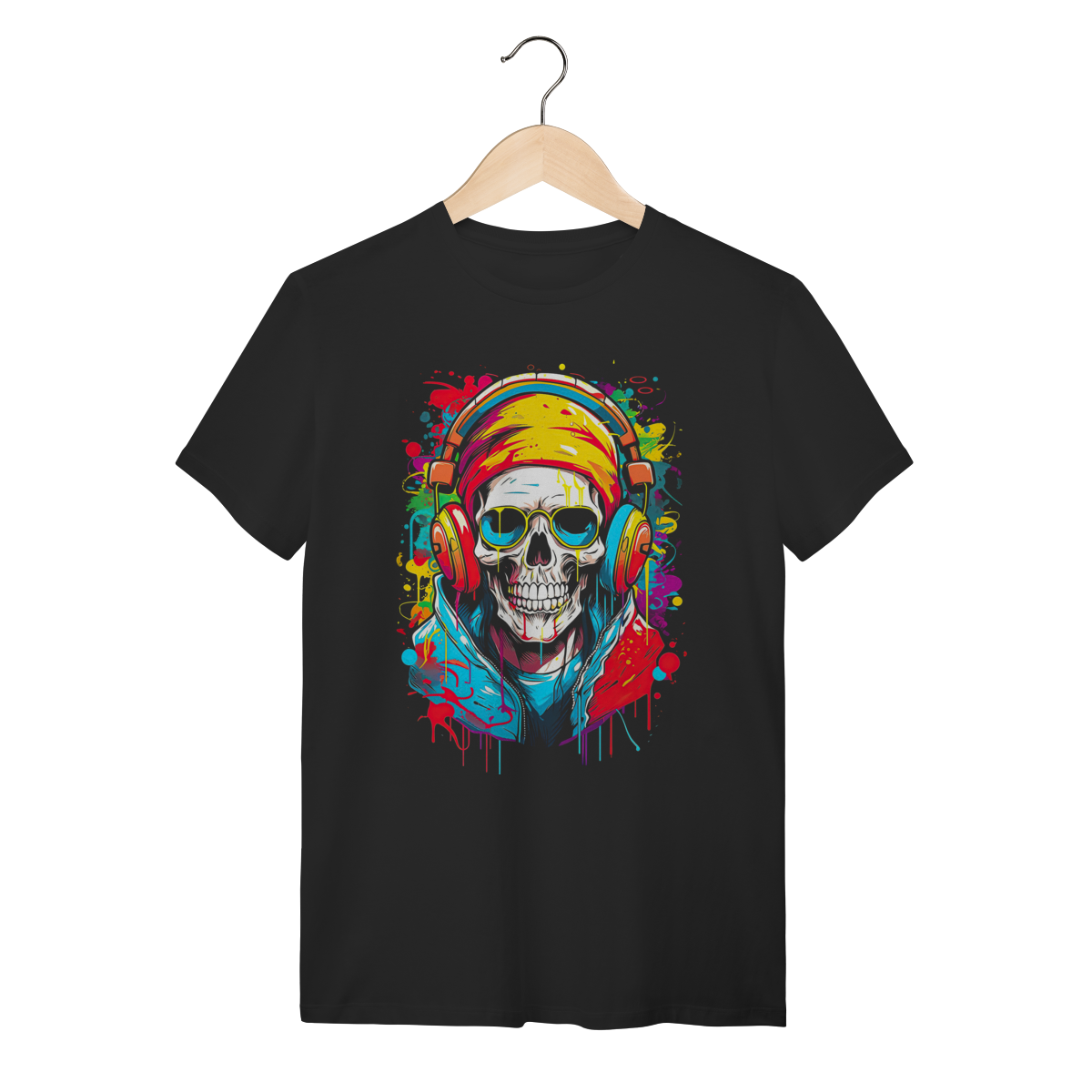 Camiseta Streetwear Caveira DJ com Fones e Óculos - Algodão Preta