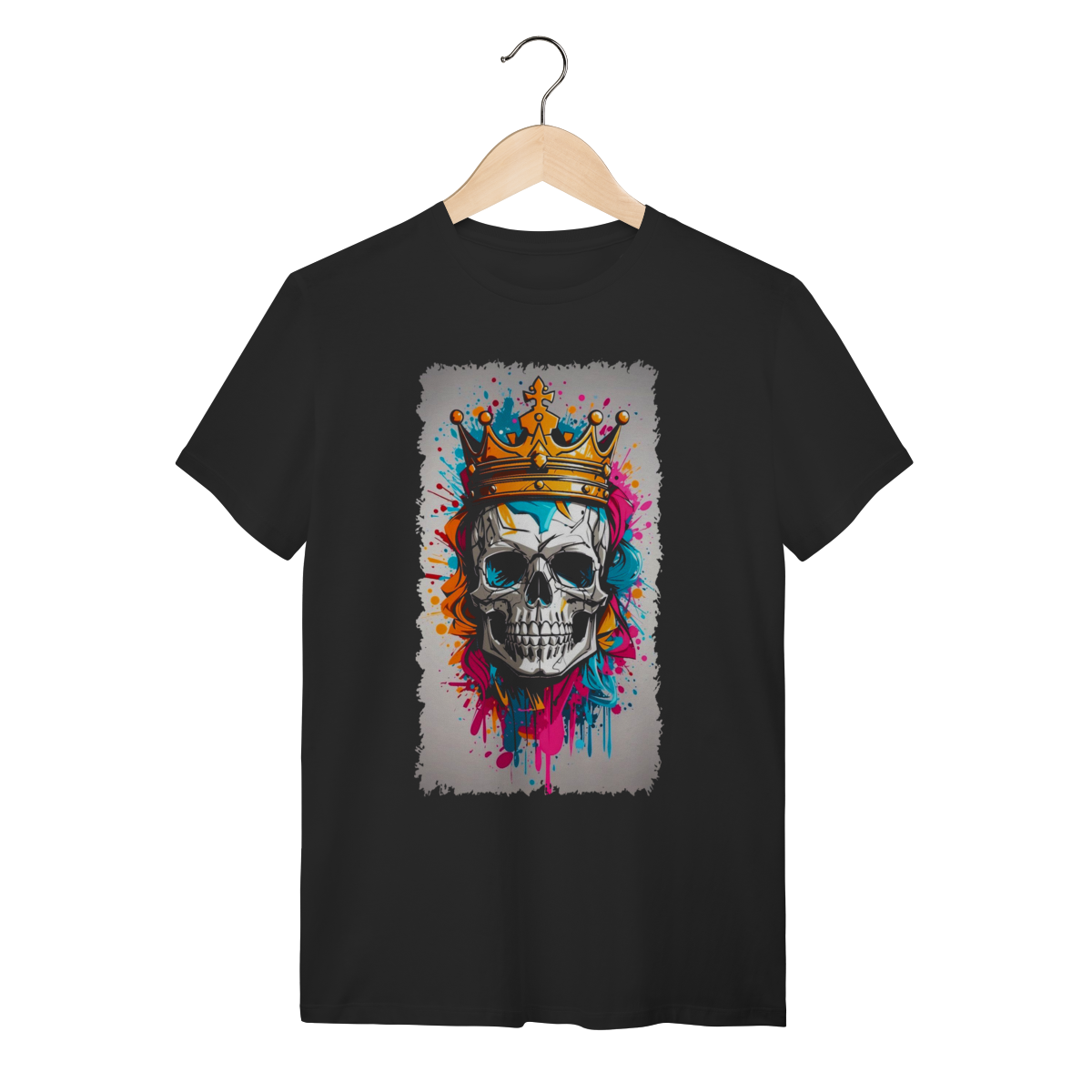 Camiseta Skull King Caveira com Coroa e Arte Abstrata - Preta