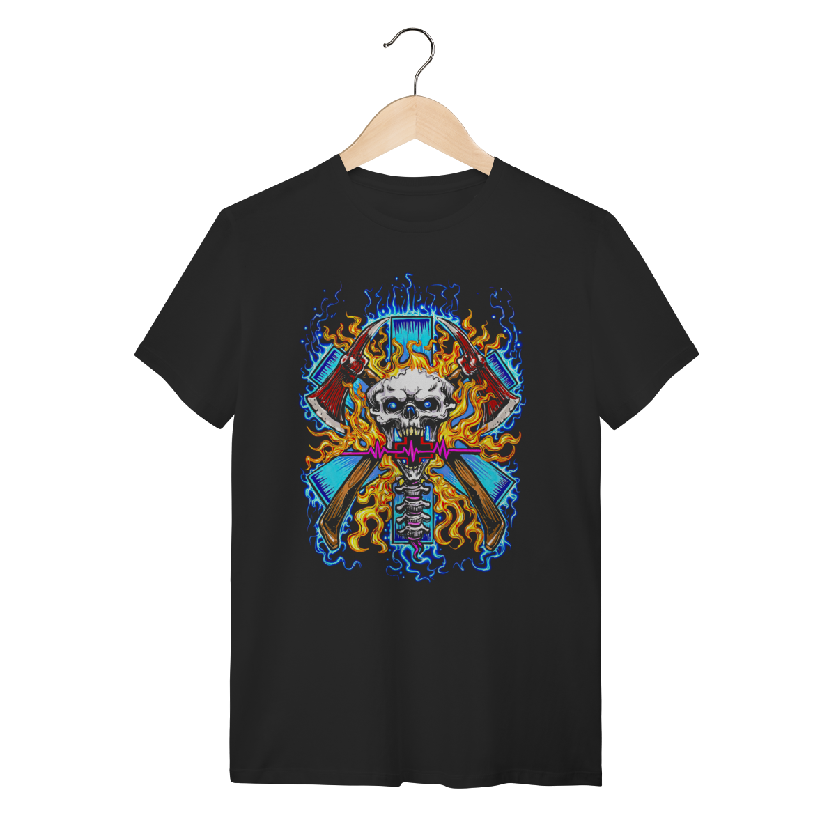 Camiseta Firefighter Caveira Bombeiro com Machados e Chamas - Preta