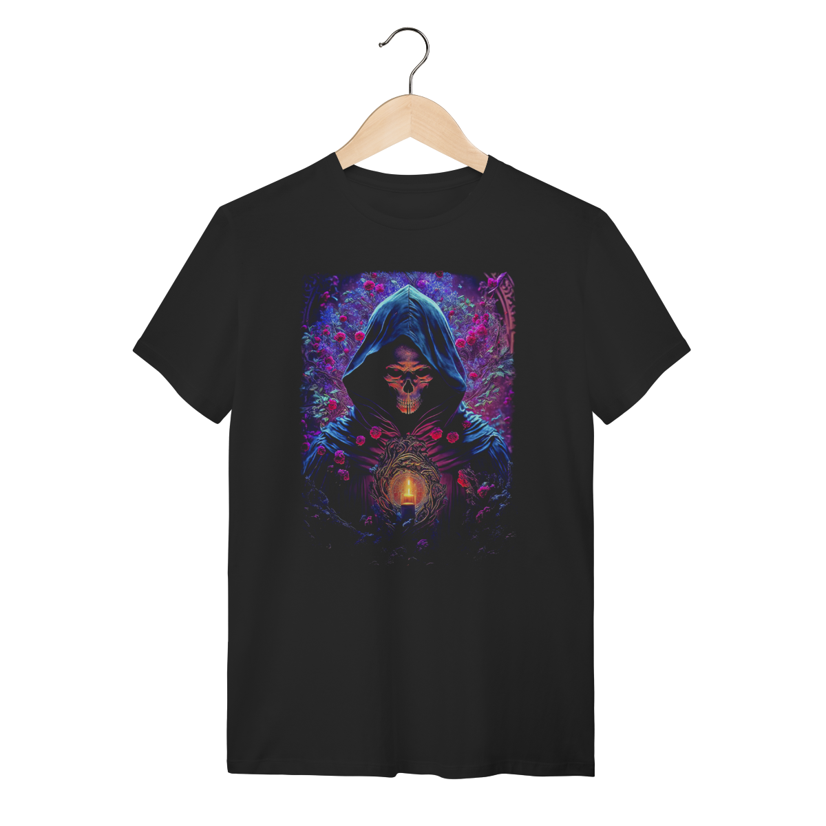 Camiseta Dark Gothic Ceifador com Capuz e Rosas - Estilo Sombrio