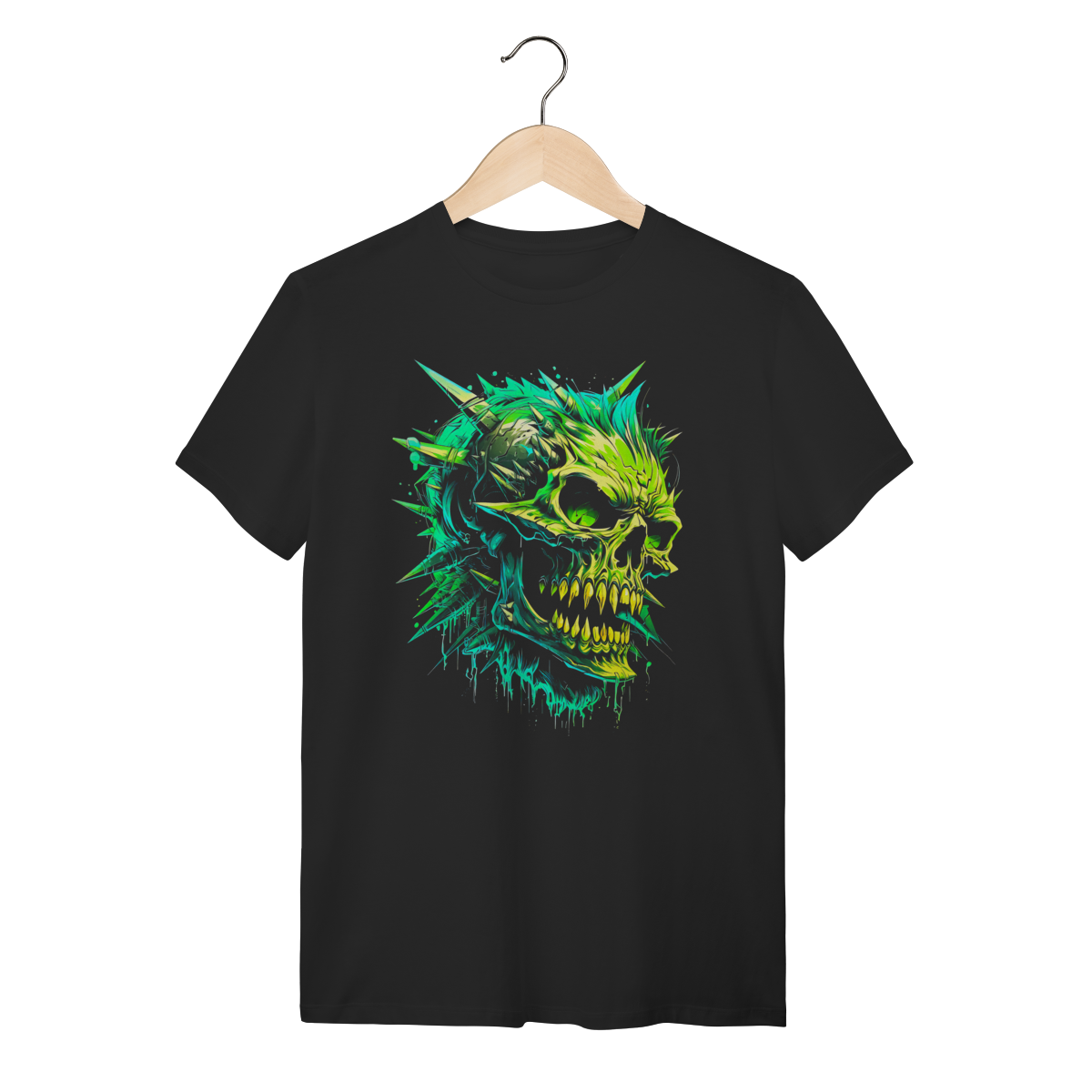 Camiseta Punk Rock Caveira com Spikes Verde Neon - 100% Algodão