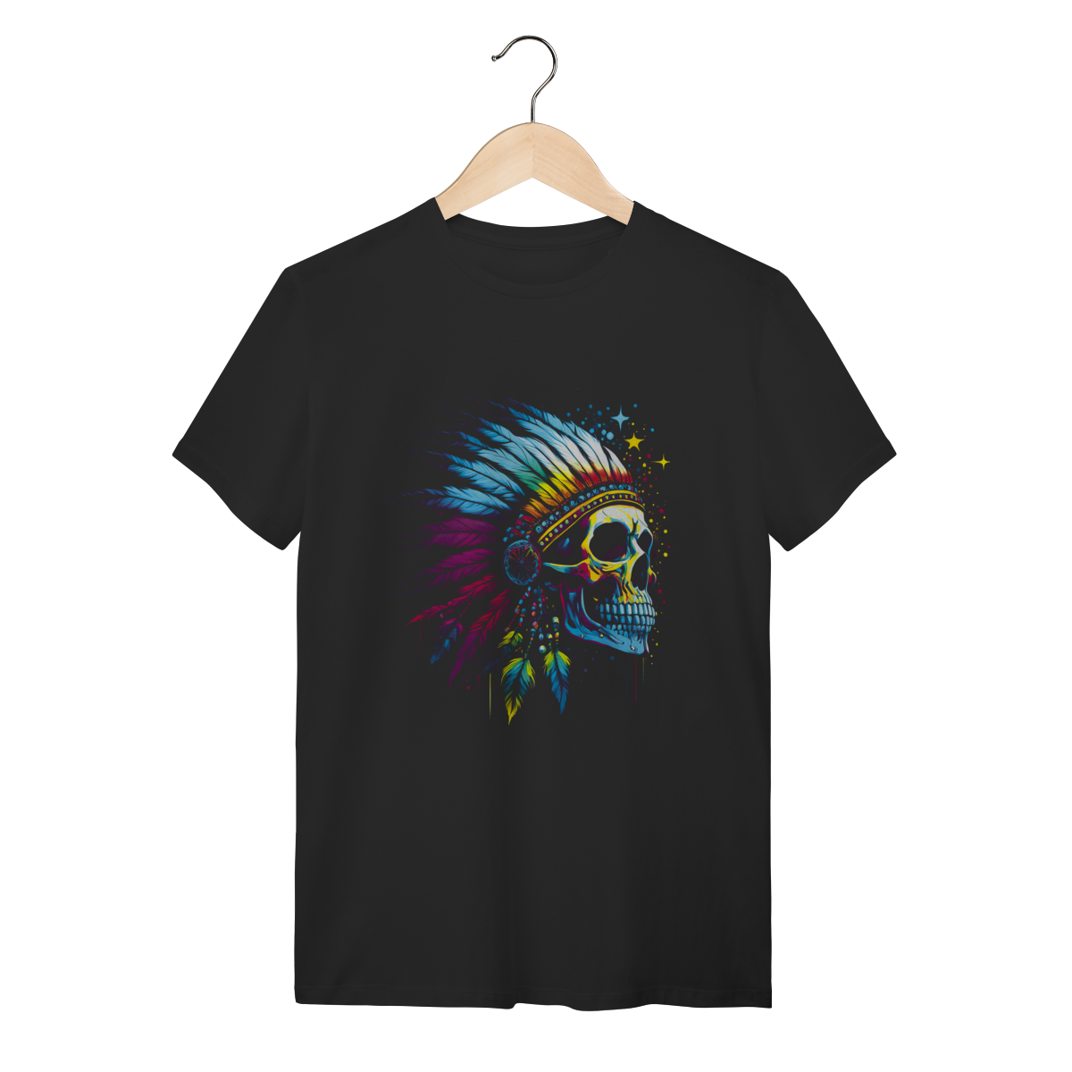 Camiseta Caveira Apache com Cocar de Penas Coloridas - Algodão Preta