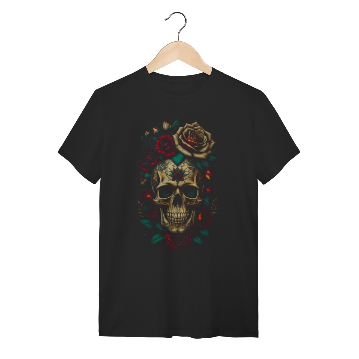 Camiseta Caveira Mexicana Santa Muerte com Rosas Vintage - 100% Algodão