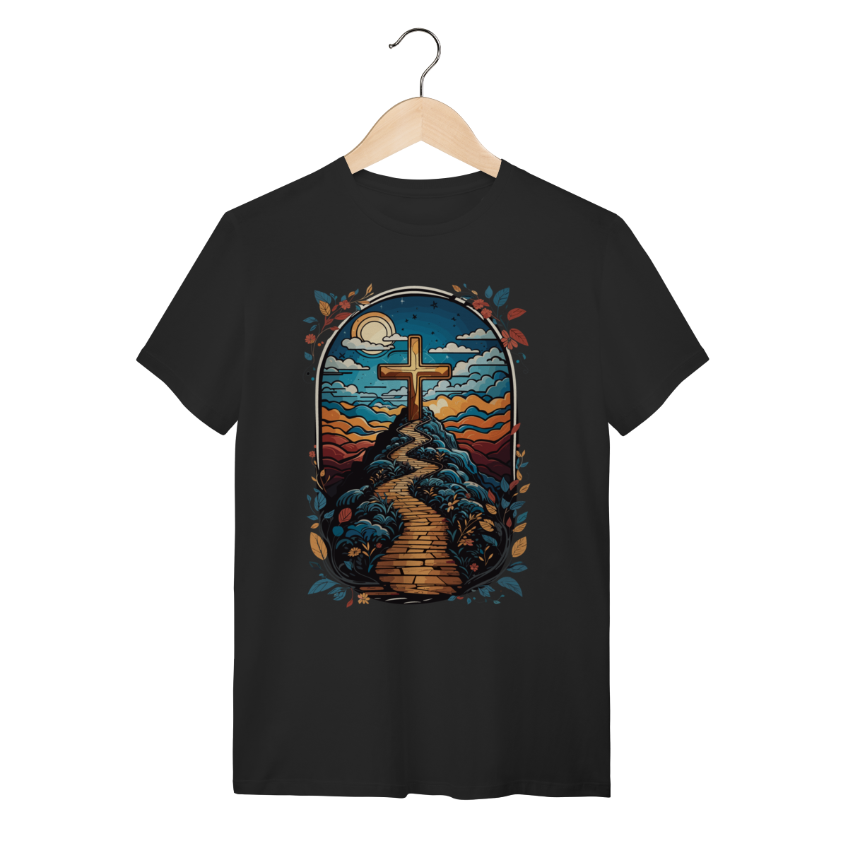 Camiseta Artística Caminho da Fé - Cruz e Flores - Vintage Preta