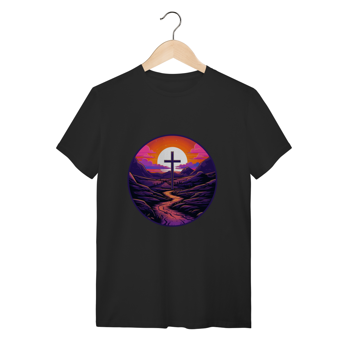 Camiseta Paisagem Cristã Sunset - Cruz e Montanhas - Retrô