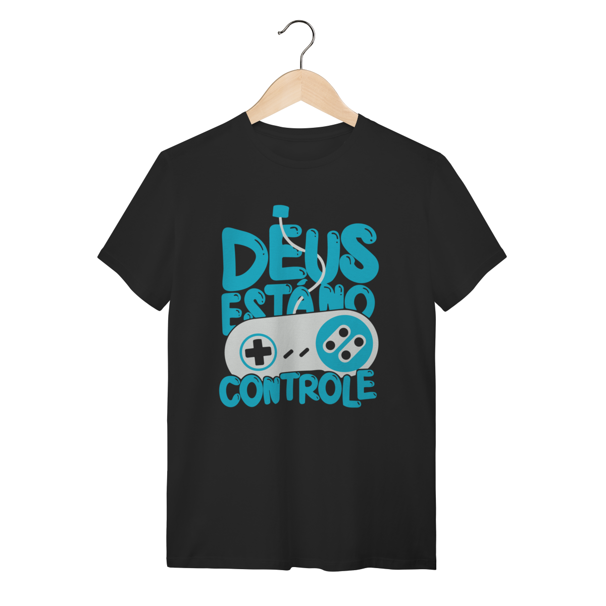Camiseta Cristã Gamer Deus está no Controle - Geek/Retrô