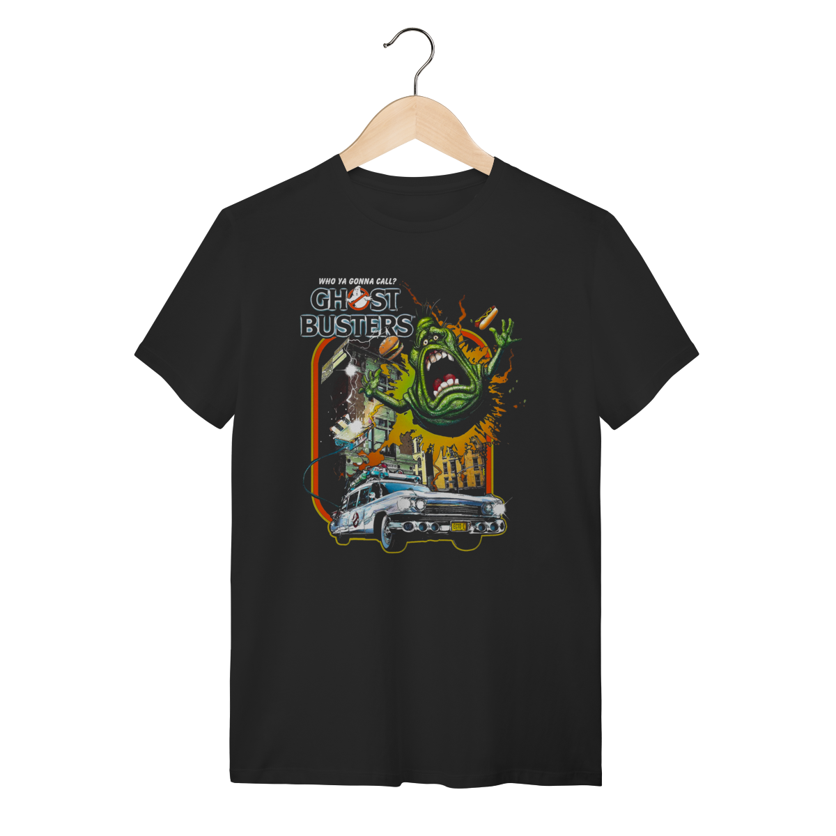 Camiseta Ghostbusters – Estampa Geleia (Slimer) e Ecto-1 Retrô
