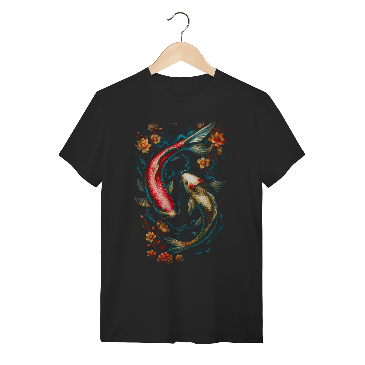 Camiseta Preta Algodão Oriental - Carpas Koi Ying Yang Floral 