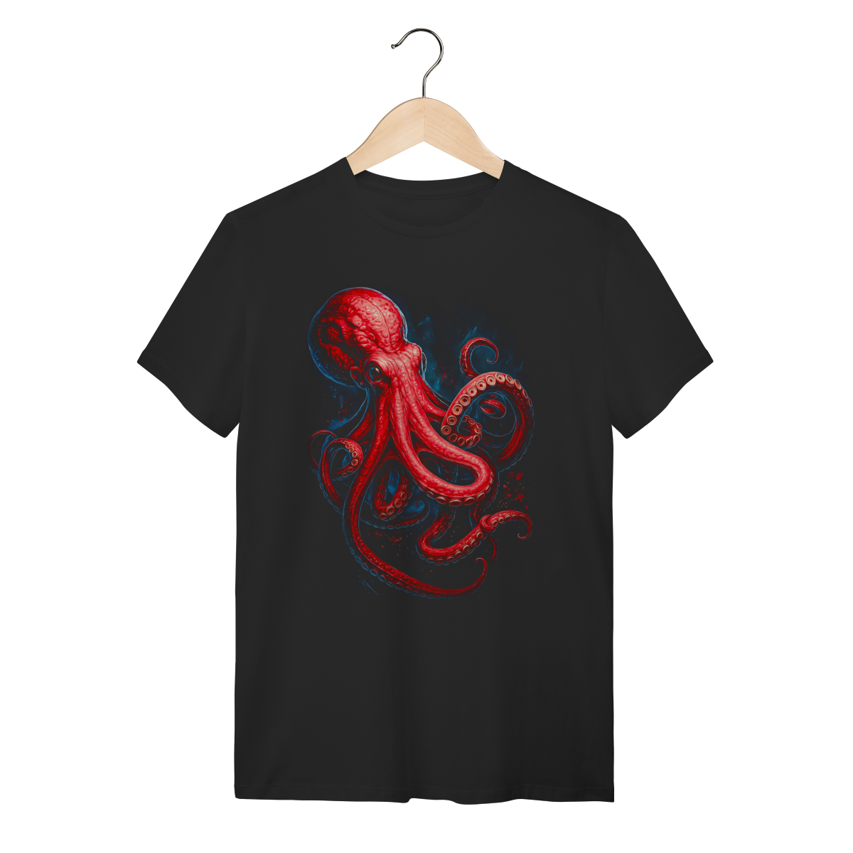 Camiseta Preta algodão Streetwear - Polvo Vermelho Realista e Orgânico 