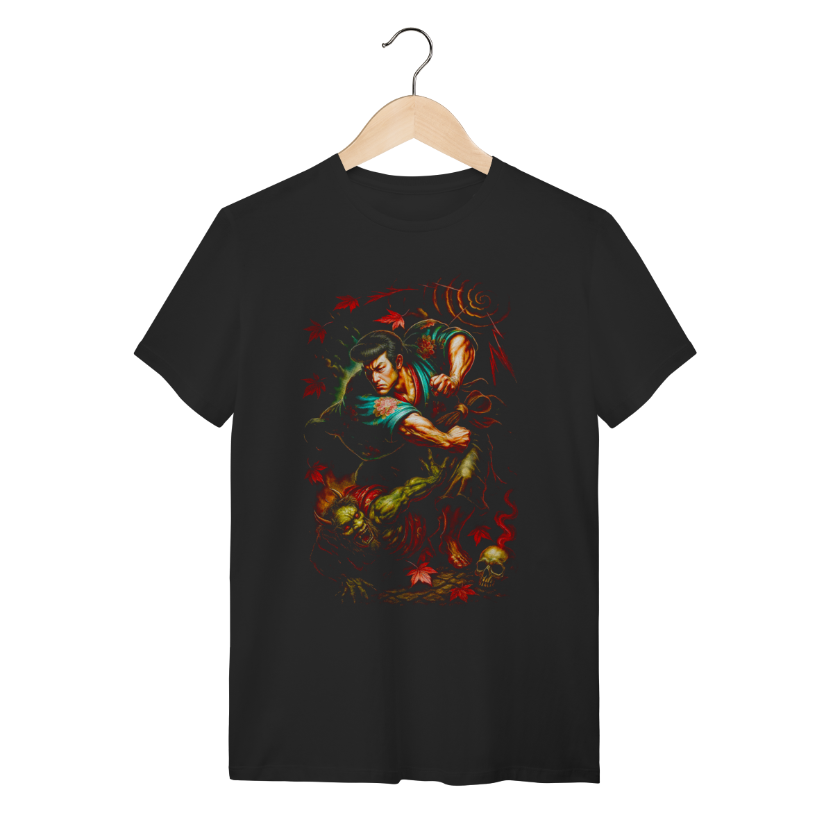 Camiseta Preta de Algodão Estampada - Lutador de Rua vs Demônio Oni