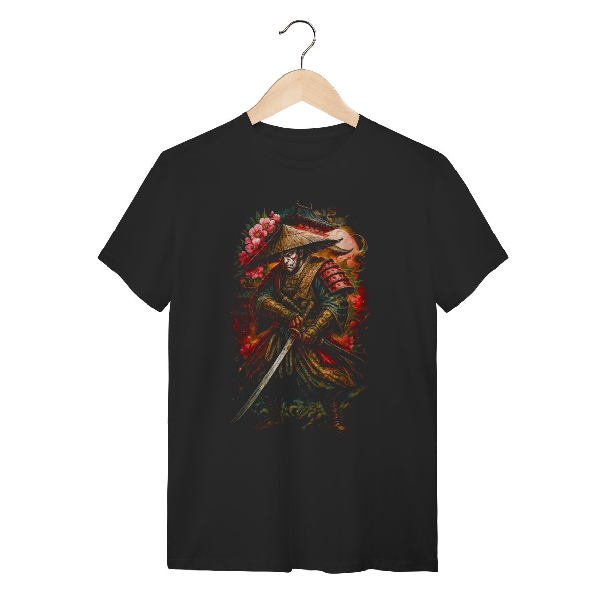 Camiseta Preta Algodão - Samurai Ronin e Flores de Cerejeira 