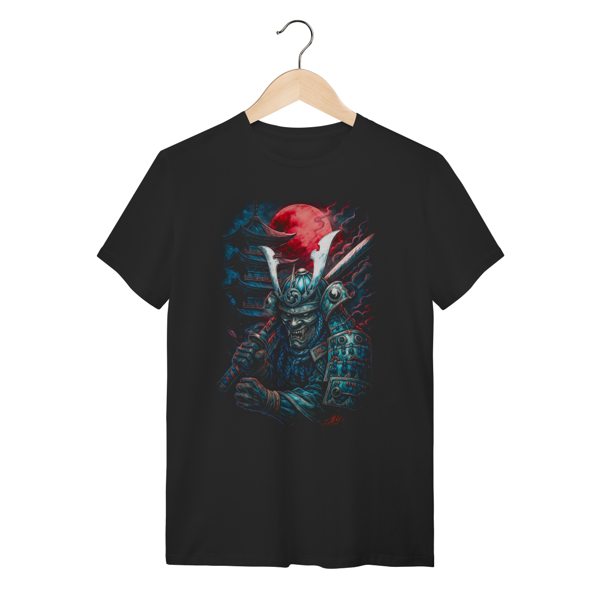 Camiseta Preta Streetwear - Samurai de Armadura sob a Lua de Sangue 