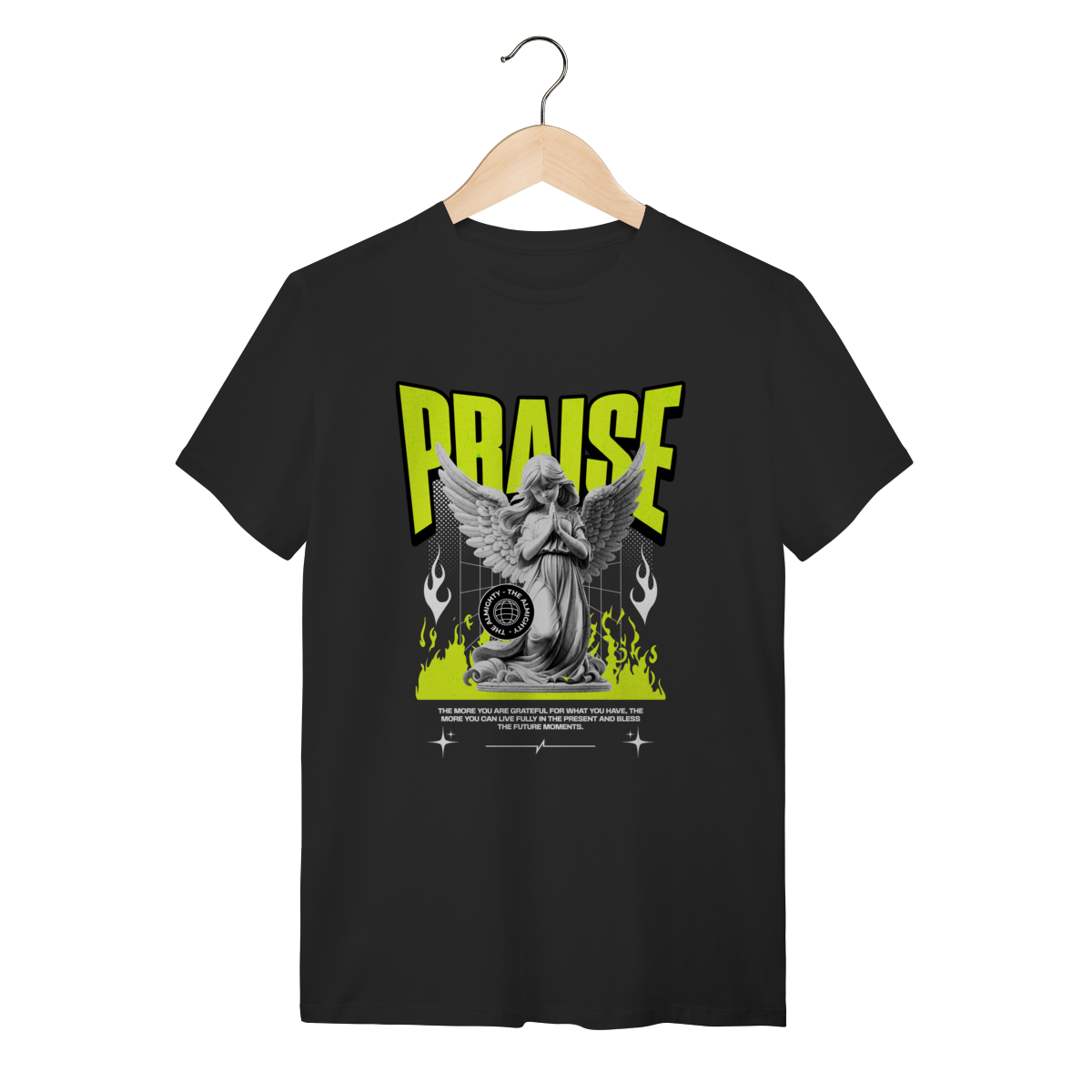 Camiseta Preta Praise Angel - Algodão Streetwear Neon