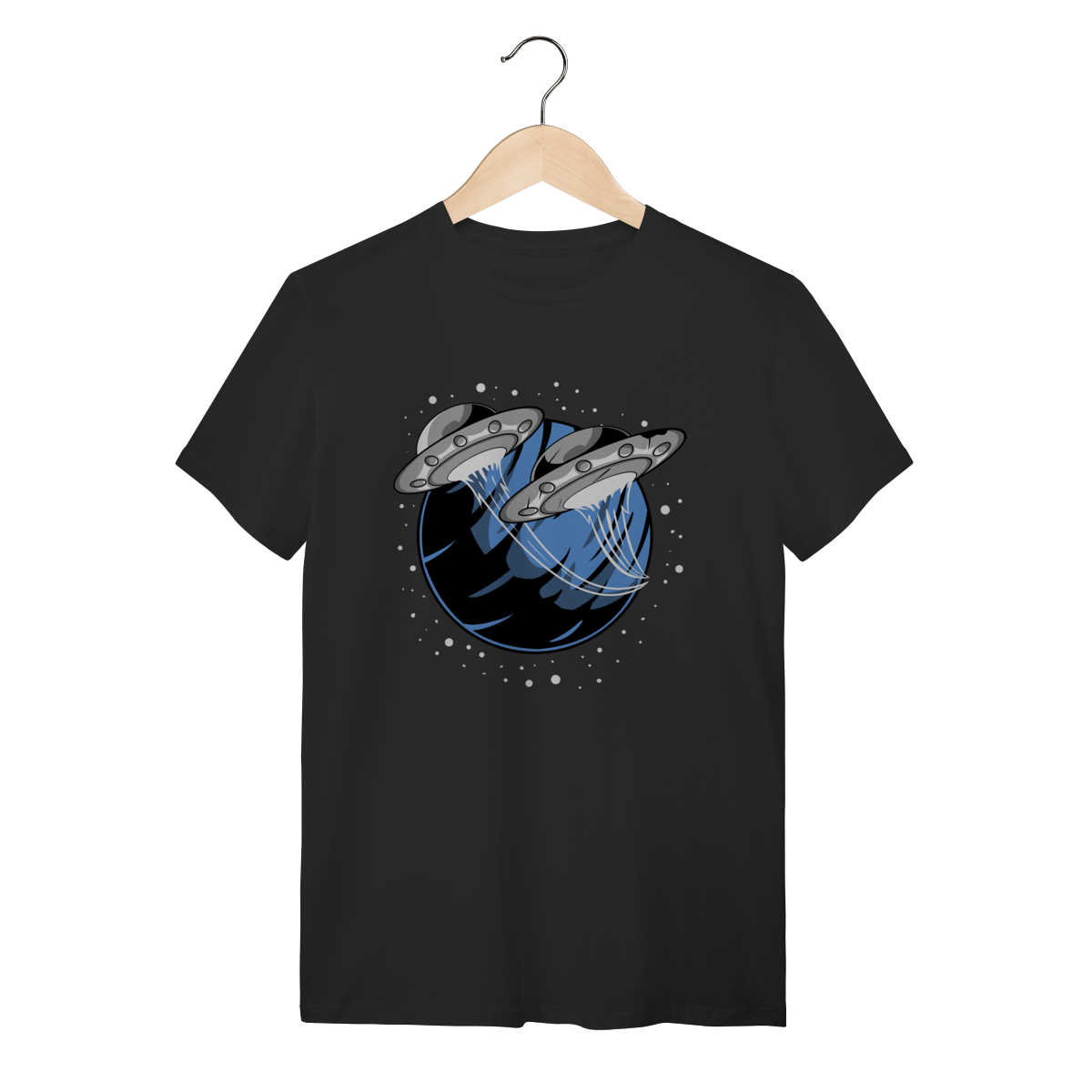 Camiseta Preta Algodão UFO Planet - Estampa Alienígena Retro