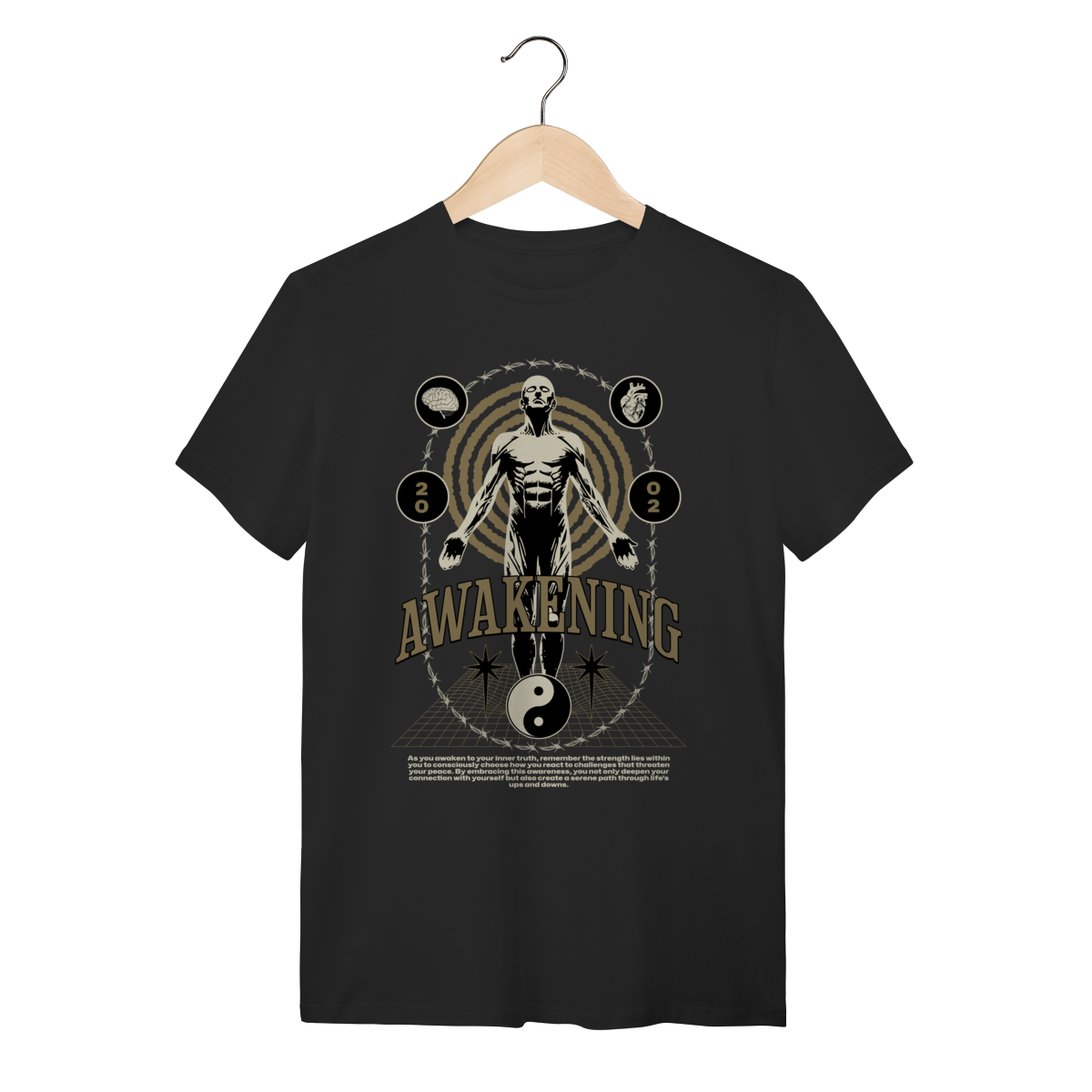 Camiseta Preta Algodão Awakening Inner Truth - Estilo Zen e Equilíbrio