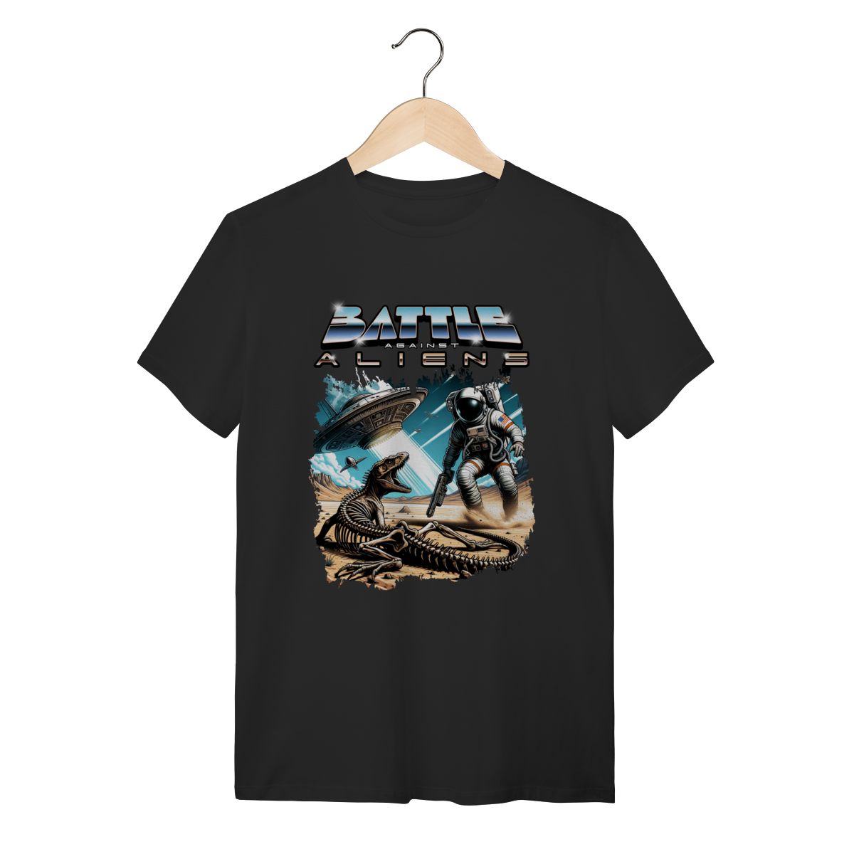 Camiseta Preta Streetwear Battle Against Aliens - 100% Algodão Espacial