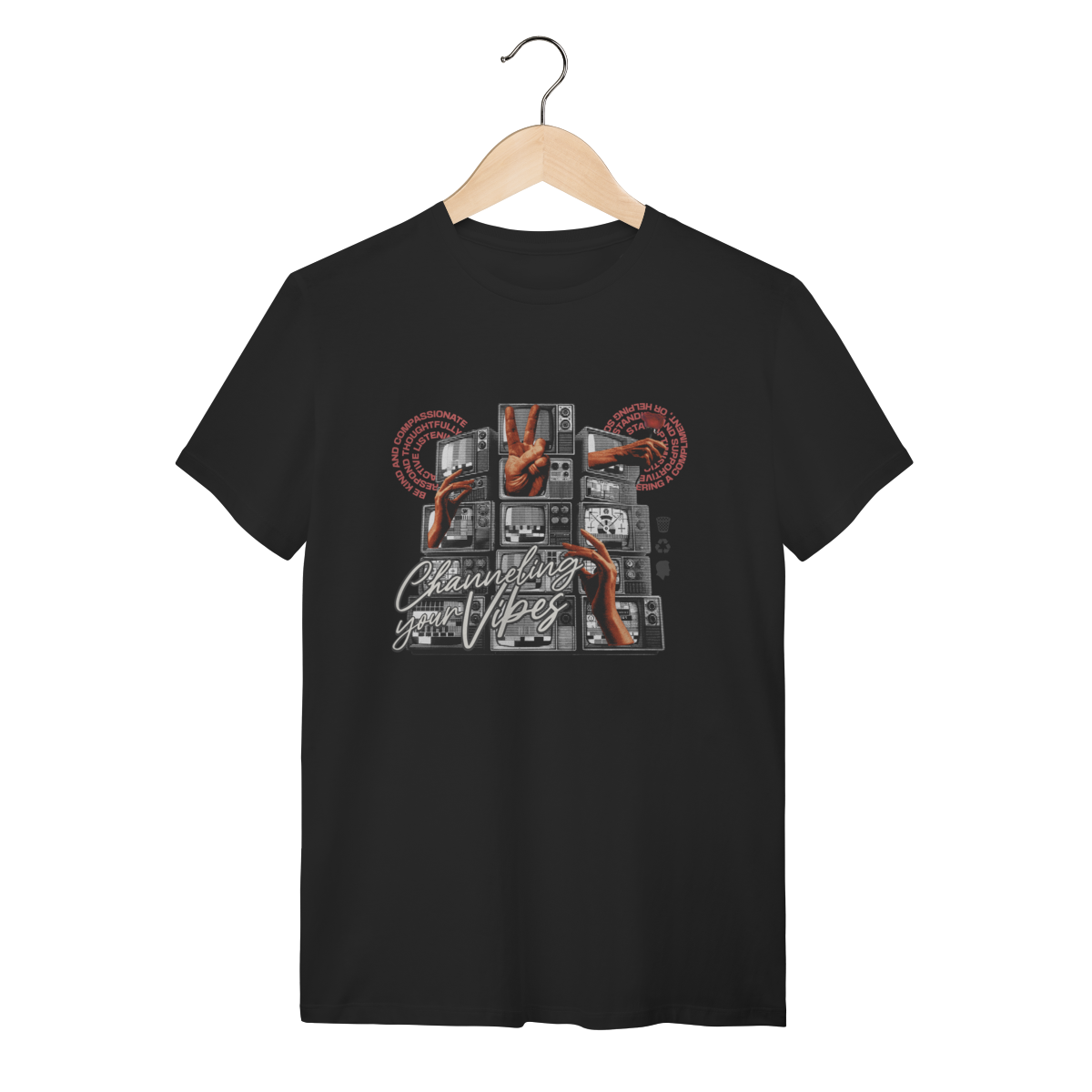 Camiseta Preta Channeling Your Vibes - Algodão Aesthetic Retro TV