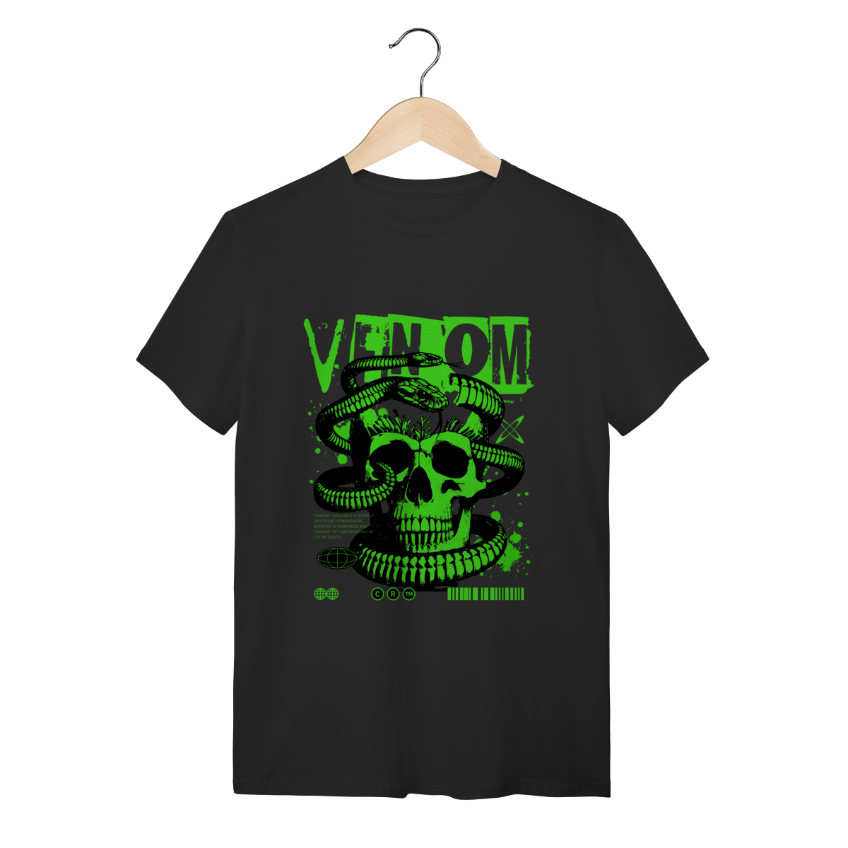Camiseta Preta Algodão Caveira e Serpente Venom Verde Neon Streetwear
