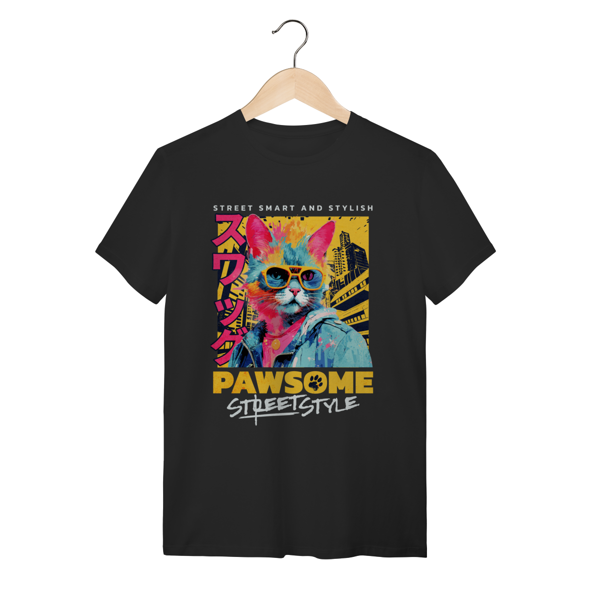 Camiseta Algodão Gato Estiloso Óculos Escuros Street Style