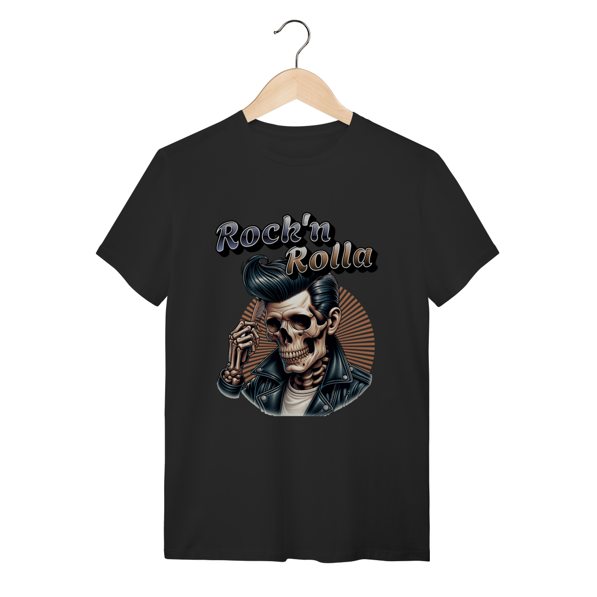 Camiseta Preta Algodão Rock'n Rolla Caveira Rocker Jaqueta de Couro