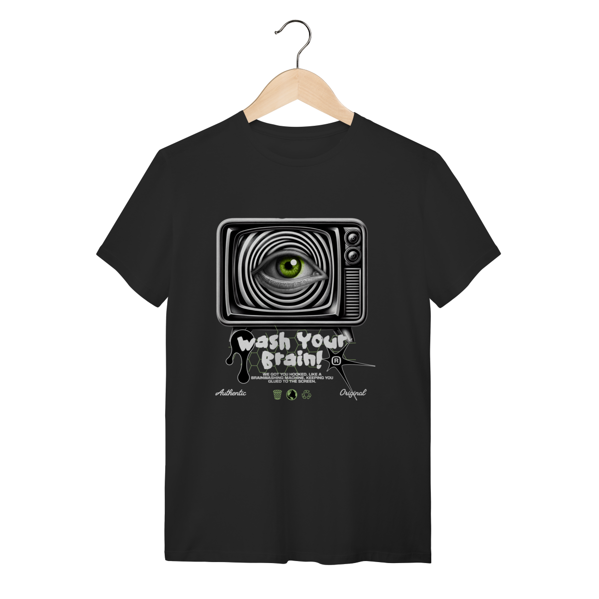 Camiseta Streetwear Preta Algodão Wash Your Brain TV Retrô Minimalista